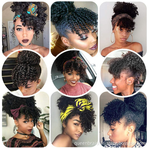 High Puff Afro Kinky Curly Synthetic Ponytail with Bang Ponytail Hair Extension Drawstring Short Afro Ponytail Clip in for Women